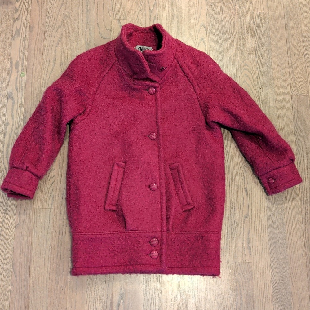 Vintage Alectra Magenta Pink Boucle Wool Blend Funnel Neck Coat Made in USA